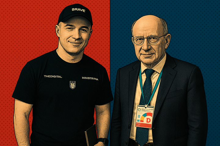 Ukraine’s Digital Minister Mykhailo Fedorov and European Commissioner for Defense and Space Andrius Kubilius in a stylized pop-art portrait with red and blue halftone background.