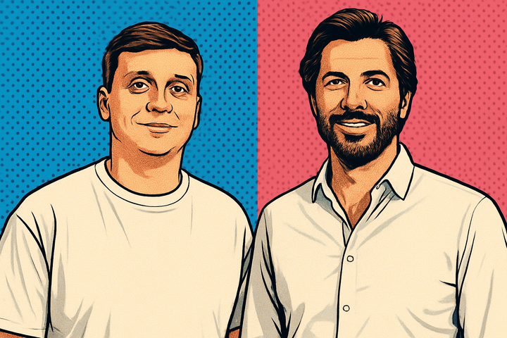 Pop-art-style illustration of Clearly co-founders Dmytro Kovalenko (left) and Dmytro Marakhovskyi (right) standing side-by-side against a vibrant halftone background.