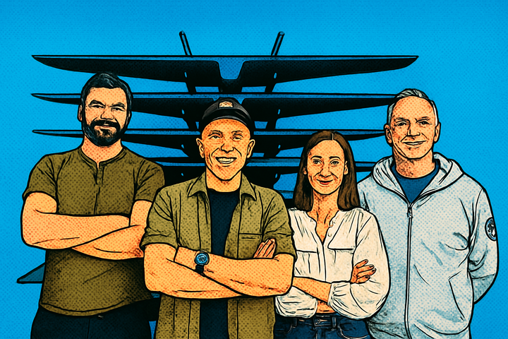 Pop-art style portrait of the Darkstar team standing in front of stacked drone wings, featuring bold outlines, halftone textures, and a clean blue background.