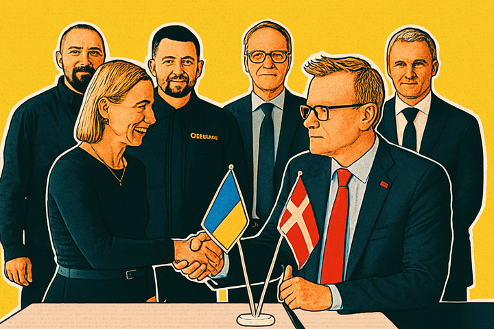 EIFO and D3 leaders shake hands after signing Ukraine defence tech funding deal.