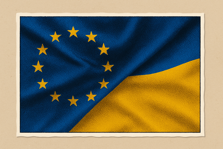 Pop-art style collage of the EU and Ukrainian flags cut out and pasted onto a beige background, with textured halftone shading and a white torn-edge border.
