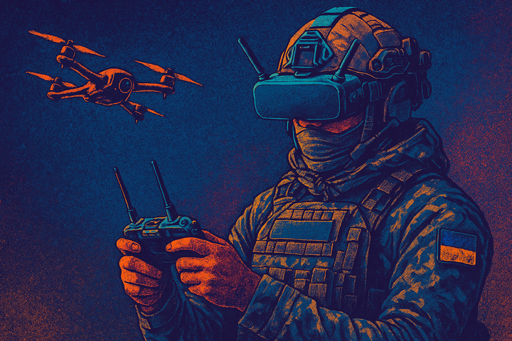 Pop art-style illustration of a Ukrainian soldier wearing FPV goggles and piloting a quadcopter drone with a controller against a dark, textured background.