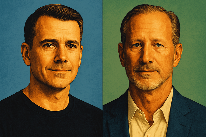 Portrait of Headway CEO Anton Pavlovsky (left) and Bullhound’s Per Roman (right) in pop-art style on a vibrant background.