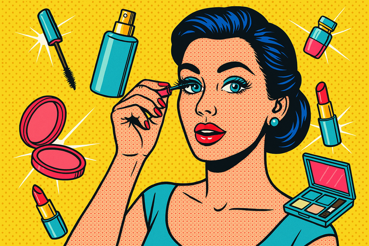 Pop art-style illustration of a woman applying mascara, surrounded by beauty products on a yellow halftone background.