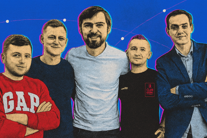 Liki24 co-founders Dmytro Liatambur, Volodymyr Zubenko, Anton Avrynskyi, Sergii Kliebanov, and Serhii Fadieiev standing together in a pop-art style image.