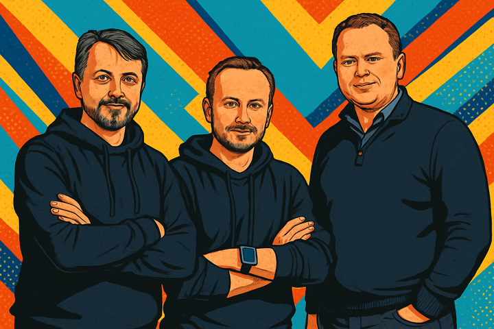 Teletactica co-founders Yevhen Zhebko and Anton Hetman with Denys Sosnin in a pop-art style portrait