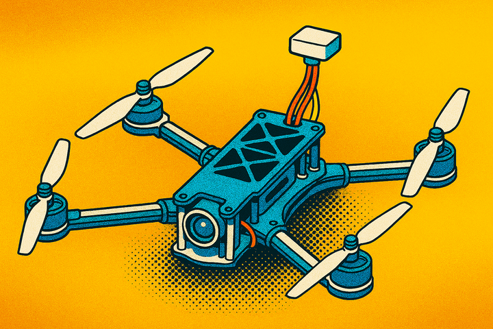 Stylized pop-art image of a four-propeller FPV drone with a blue frame, front-facing camera, and GPS unit on a yellow halftone background.