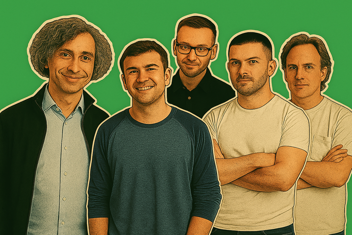 Portrait of Ukrainian startup founders from Respeecher and Haiqu, stylized in pop-art against a green background, selected by the World Economic Forum 2025.