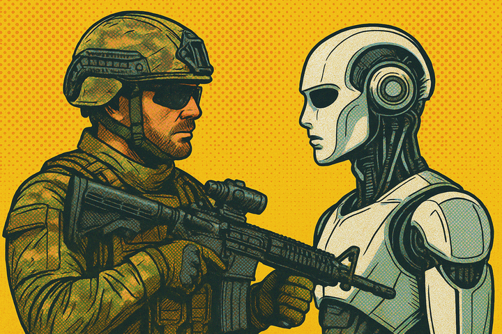 Soldier and humanoid robot in pop-art style against yellow halftone background.