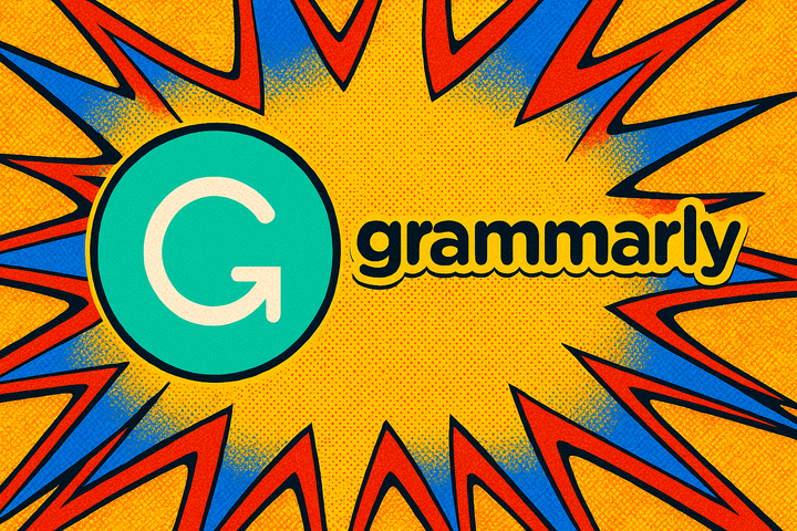 Grammarly logo in bold pop-art style with halftone textures, sharp comic bursts, and vibrant yellow, red, and blue background