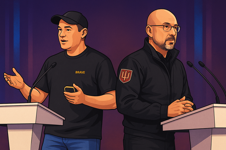 Illustration of Mykhailo Fedorov (left) and Prime Minister Denys Shmyhal (right) speaking separately at a Brave1 event in Kyiv