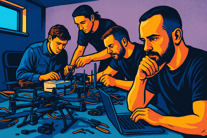 Stylized illustration of four engineers working on drone hardware and electronics at a workshop table, surrounded by tools, laptops, and equipment.