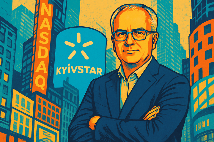 Pop-art style illustration of Kyivstar CEO Oleksandr Komarov in front of a Nasdaq Times Square scene with Kyivstar logo on the billboard