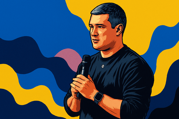 Mykhailo Fedorov speaking into a microphone, depicted in a hyper-realistic pop-art style with an abstract blue and yellow background.