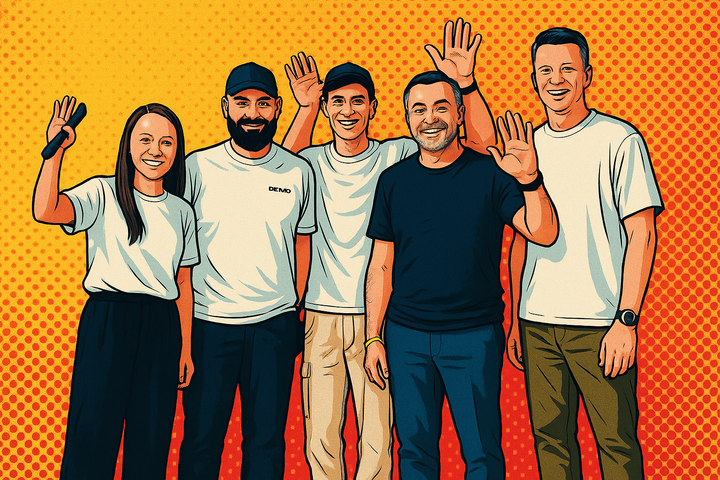 Five Uniot team members smiling and waving at the camera in pop-art illustration style