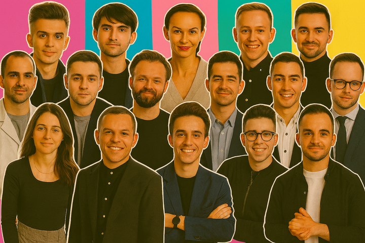 A collage featuring fifteen Ukrainian startup founders arranged together against a bright, multicolored background.