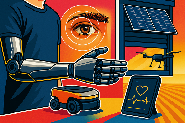 Illustration featuring a bionic prosthetic arm, human eye with digital scan overlay, solar panel blinds, drone, warehouse robot, and tablet displaying heart rate data.
