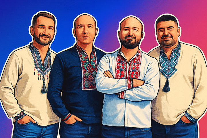 The four co-founders of Uspacy wearing traditional Ukrainian embroidered shirts, illustrated in a collage-style cutout against a blue-purple gradient background