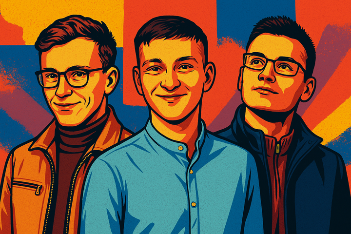 Pop-art style portrait of Offset Labs founders, from left: Borys Nadykto, Andrii Yakovyna, and Denys Budnyk, against a bold colorful background.