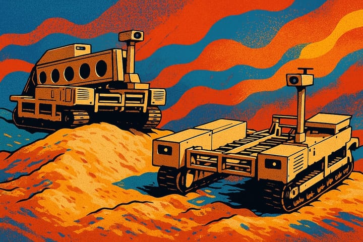 Tencore’s TerMIT unmanned ground vehicles positioned on sandy terrain.