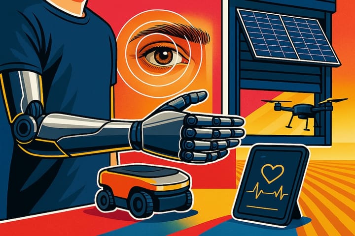 Technologies from Ukrainian startups include advanced prosthetics, AI-powered eye diagnostics, solar energy blinds, warehouse robotics, medical AI tools, and agricultural drones.